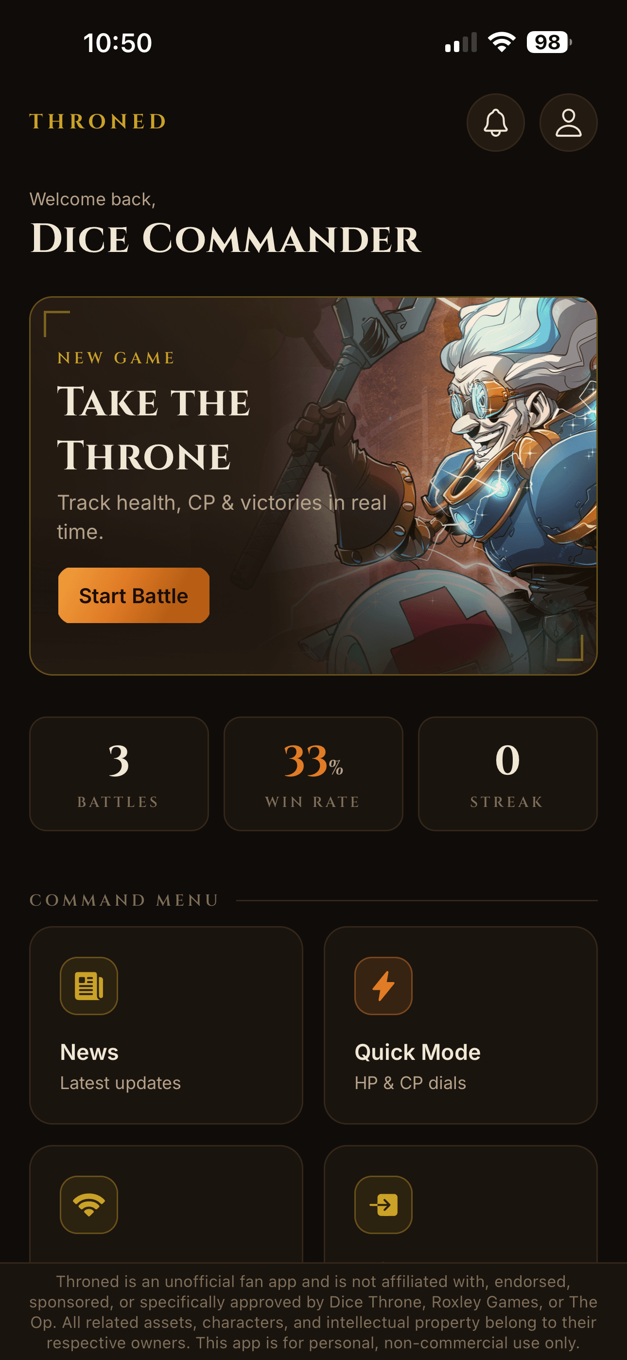The Throned app home screen